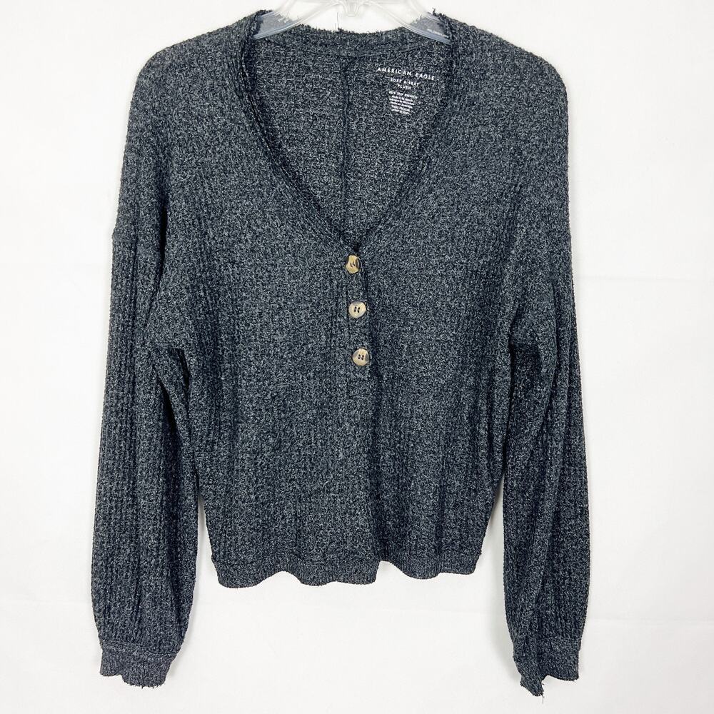 American Eagle 1/2 Button Oversized Cropped Sweater Size XS/S Waffle Knit